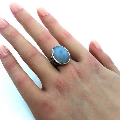 925 Sterling Silver Estate Faceted Oval Blue Moonstone Bark Textured Dome Ring