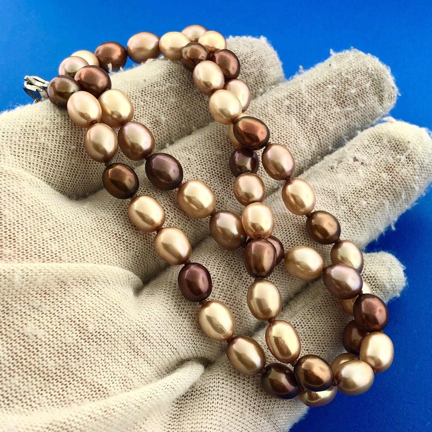 Retro Designer 925 Sterling Silver Bronze Champagne Oval Pearl Choker Necklace