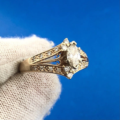 Stunning 14K Yellow Gold Marquise Diamond Solitaire W/Accents Engagement Ring
