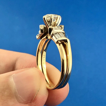 Vintage 14K Yellow White Gold Marquis Diamond Trio Accents Engagement Ring