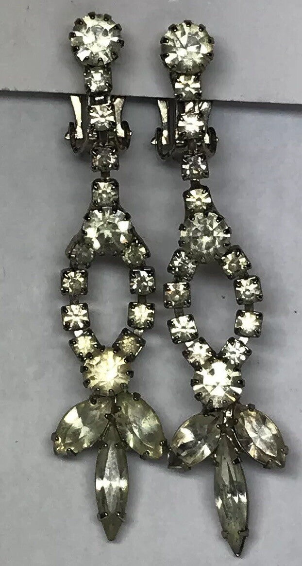 Vintage Art Deco Crystal Rhinestone Chandelier Statement Dangle Clip On Earrings
