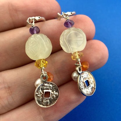 Designer Sterling Silver 925 Amethyst Citrine Pearl Art Glass Dangle Earrings