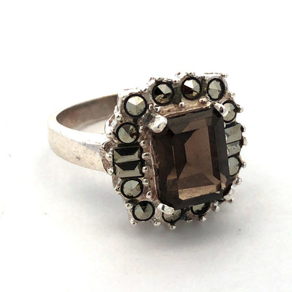 Designer 925 Sterling Silver Emerald Cut Smoky Quartz Hematite Halo Accent Ring