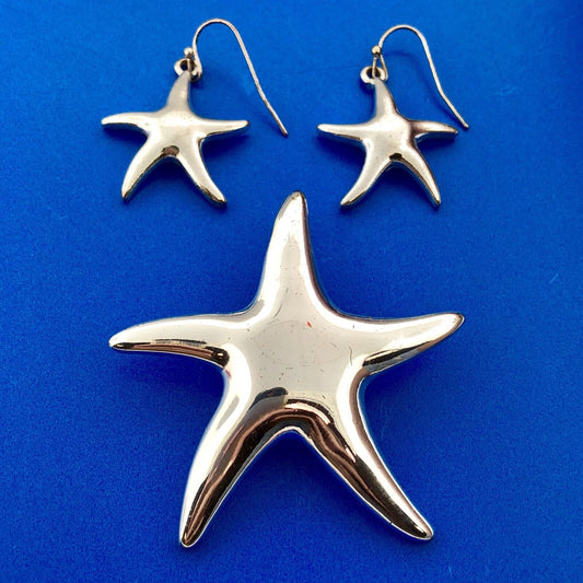 Silver Tone Moderist Star Starfish Beach Life Pendant Enhancer Drop Earrings Set