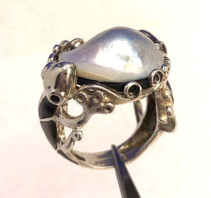 Designer GSJ 925 Sterling Silver Mother of Pearl Black Onyx Gecko Statement Ring