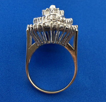 14K Yellow White Gold Diamond Halo Cluster 4 Tier Statement Cocktail Ring