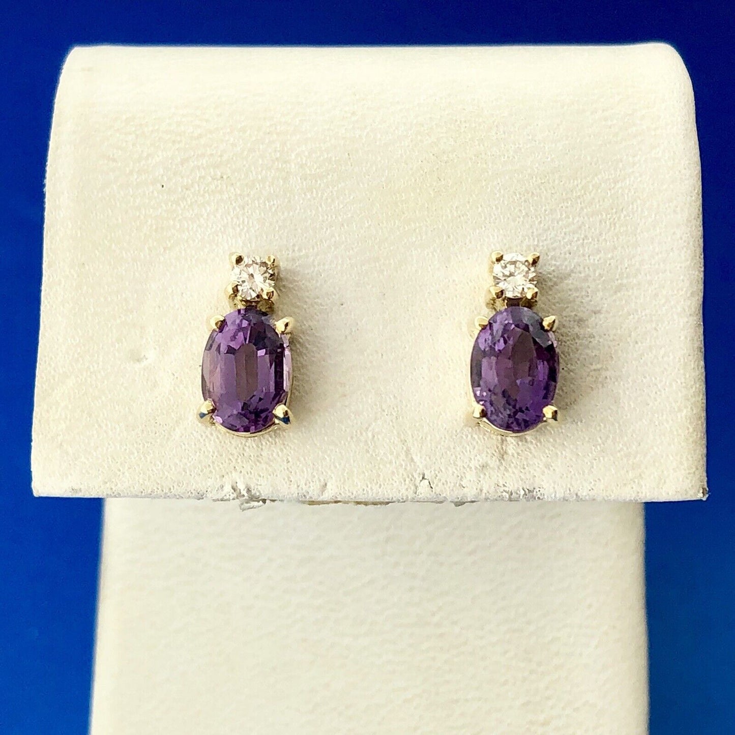 Classic 14K Yellow Gold Oval Amethyst Diamond Stud Earrings