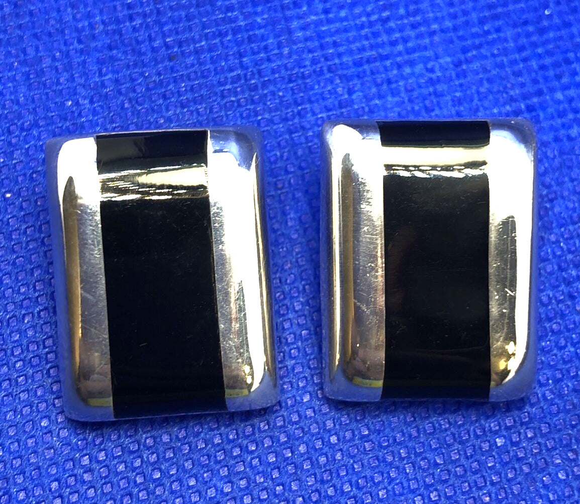 Designer ATI 925 Sterling Silver Black Onyx Rectangle Statement Stud Earrings