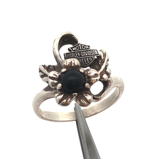 Vintage Harley Davidson 925 Sterling Silver Black Onyx Cabochon  Floral  Ring