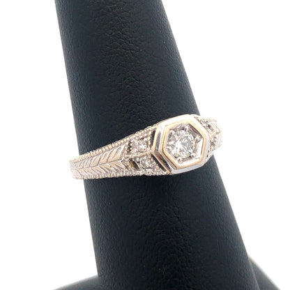 14k White Gold Round Solitaire Diamond W/Accents Art Deco Engagement Ring