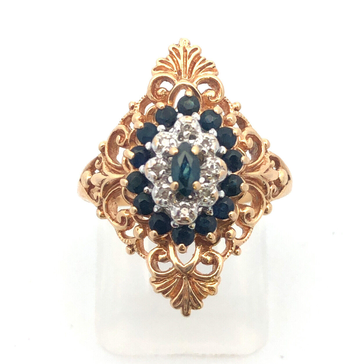 Designer 10K Yellow Gold Blue Sapphire Diamond Sapphire Accent Cocktail Ring