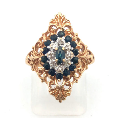 Designer 10K Yellow Gold Blue Sapphire Diamond Sapphire Accent Cocktail Ring