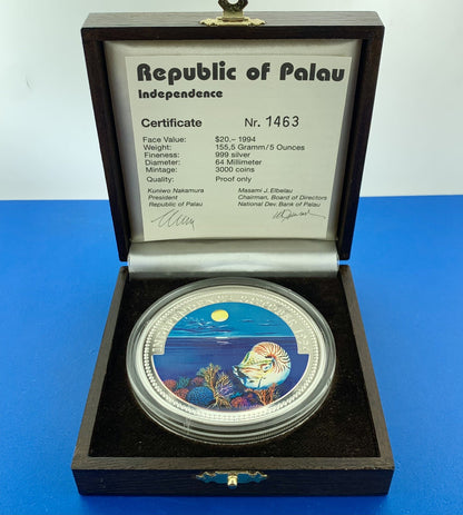 1994 Republic Palau $20 5 Oz Silver Independence Colorized Proof Coin Low Mntg