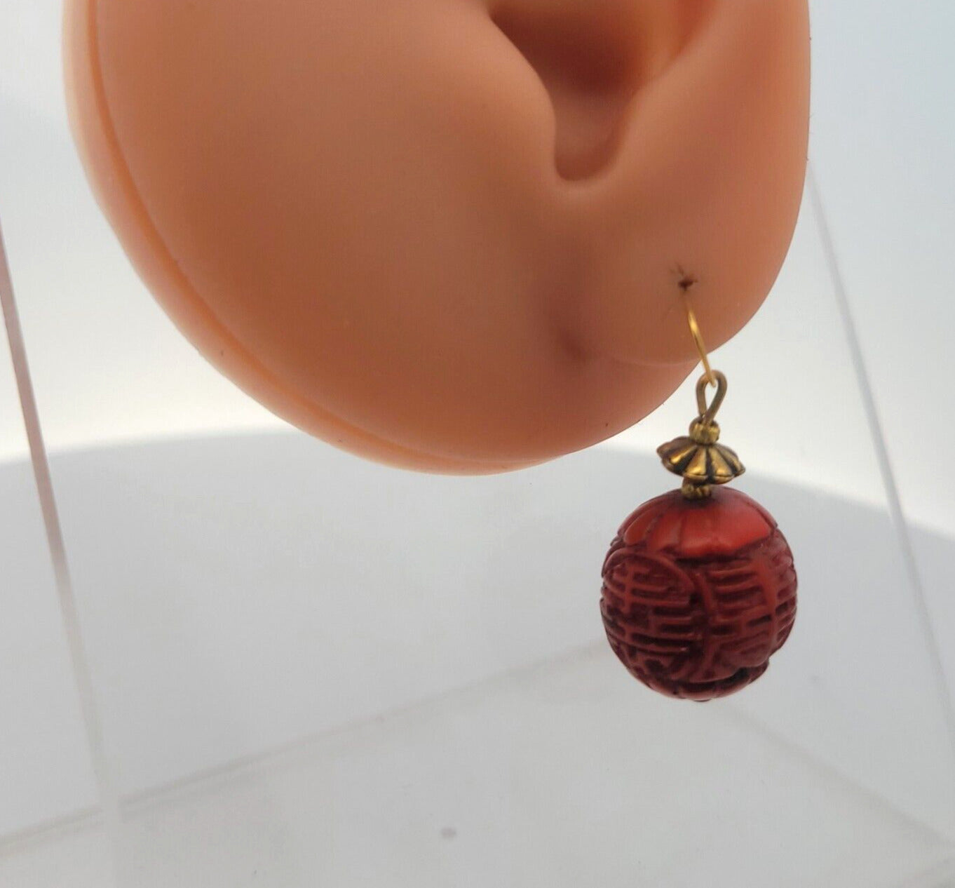 Vintage Gold Tone Carved Red Resin Faux Cinnabar Necklace Earrings 3 Piece Set