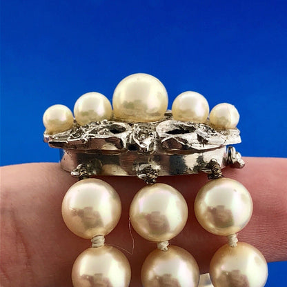Vintage Silver Tone Hand Knotted Faux Pearl Rhinestone 3 Row Tennis Bracelet