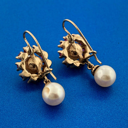 Vintage 14k Yellow Gold Round Cut Red Ruby White Pearl French Hook Earrings