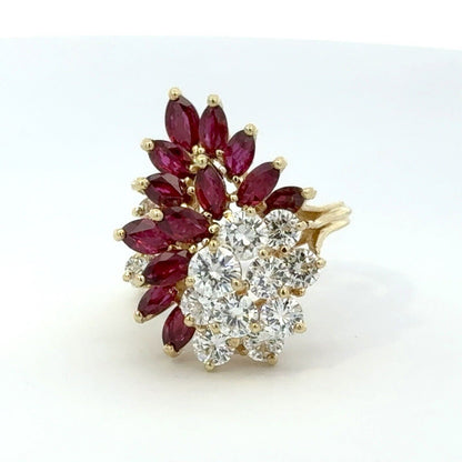 Vintage 18K Yellow Gold Round Diamond Marquise Lab Created Ruby Waterfall  Ring