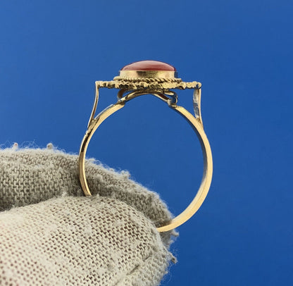 Designer 14K Yellow Gold Oval Red Coral Cabochon Filigree Cocktail Ring