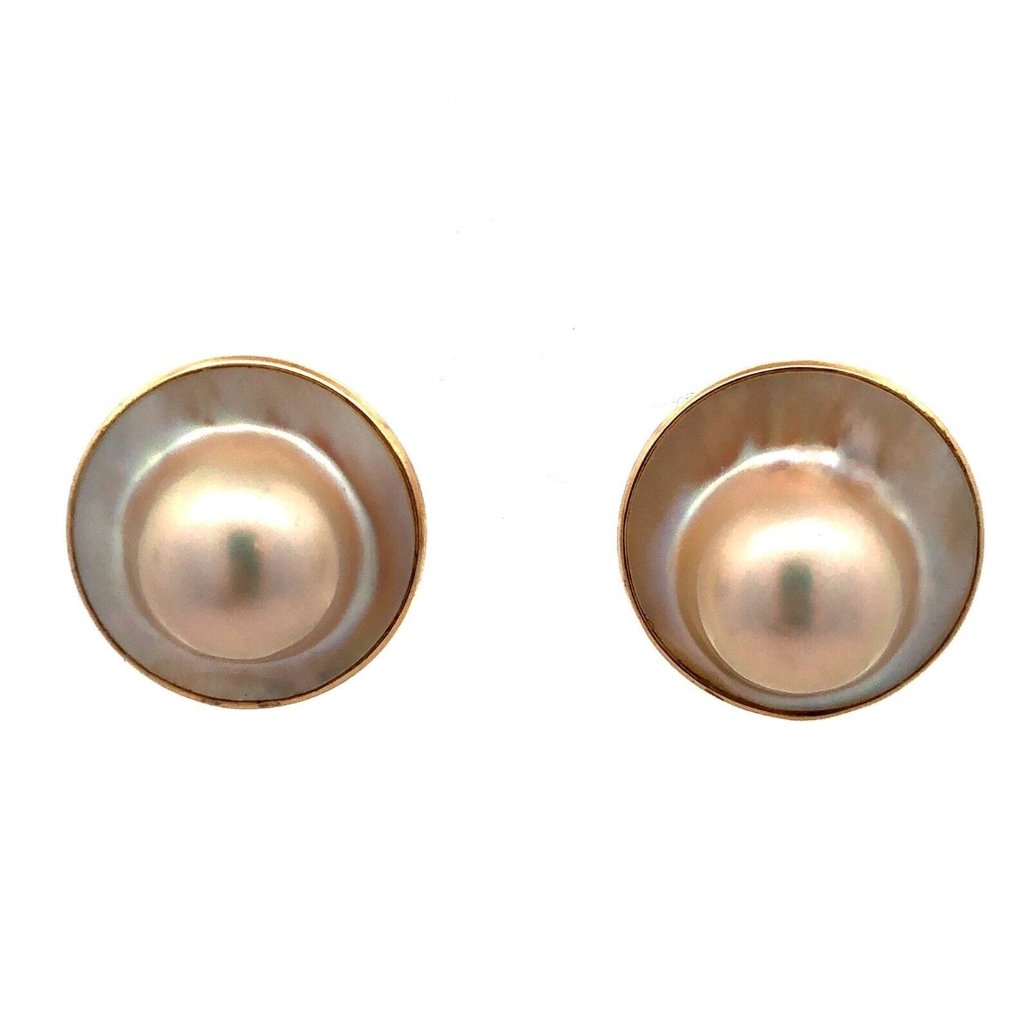 Designer 14K Yellow Gold Mabe Pearl Round Statement Dome Stud Earrings