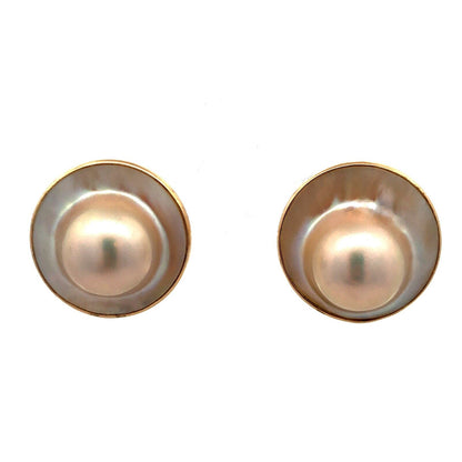 Designer 14K Yellow Gold Mabe Pearl Round Statement Dome Stud Earrings