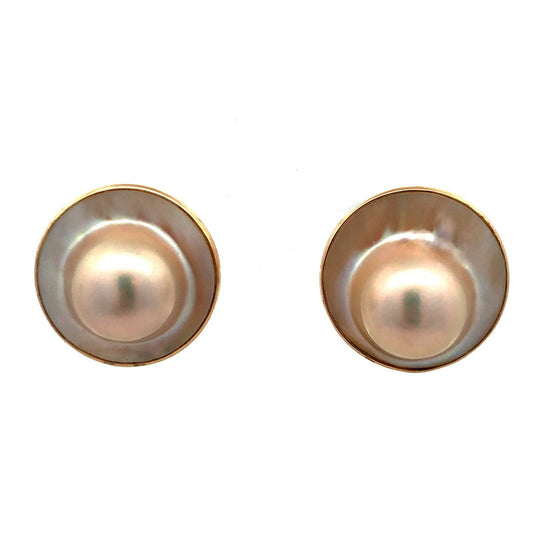 Designer 14K Yellow Gold Mabe Pearl Round Statement Dome Stud Earrings