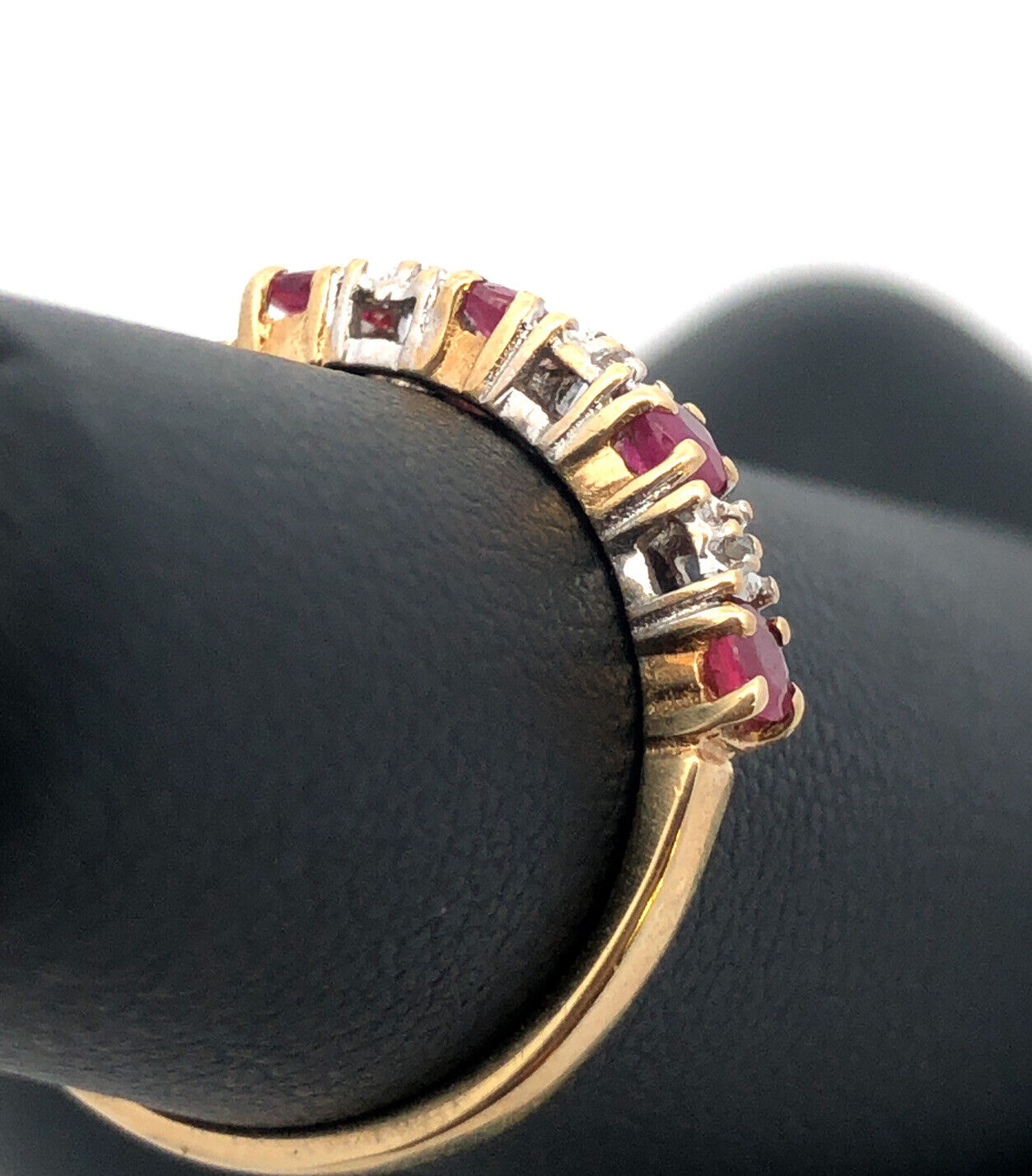 Designer 10K Yellow Gold Round Ruby Diamond Stackable Anniversary Band Ring