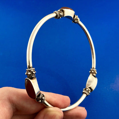 Vintage Designer FAS 925 Sterling Silver Carnelian Station Bead Bangle Bracelet