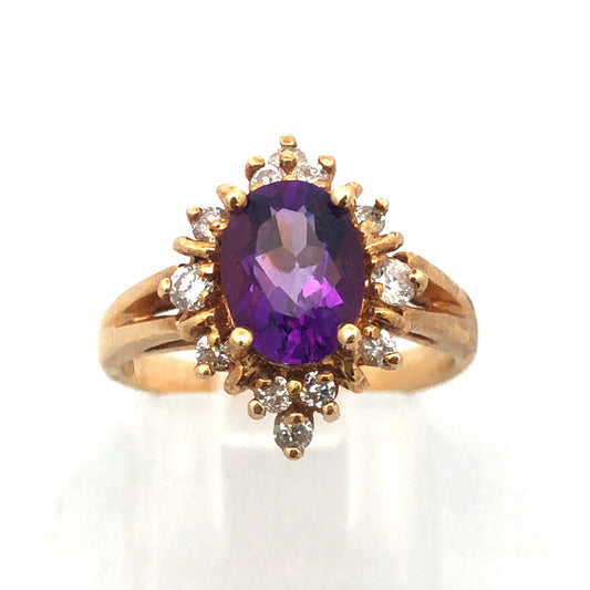 14K Yellow Gold Amethyst Diamond Halo Starburst Cluster February Cocktail Ring