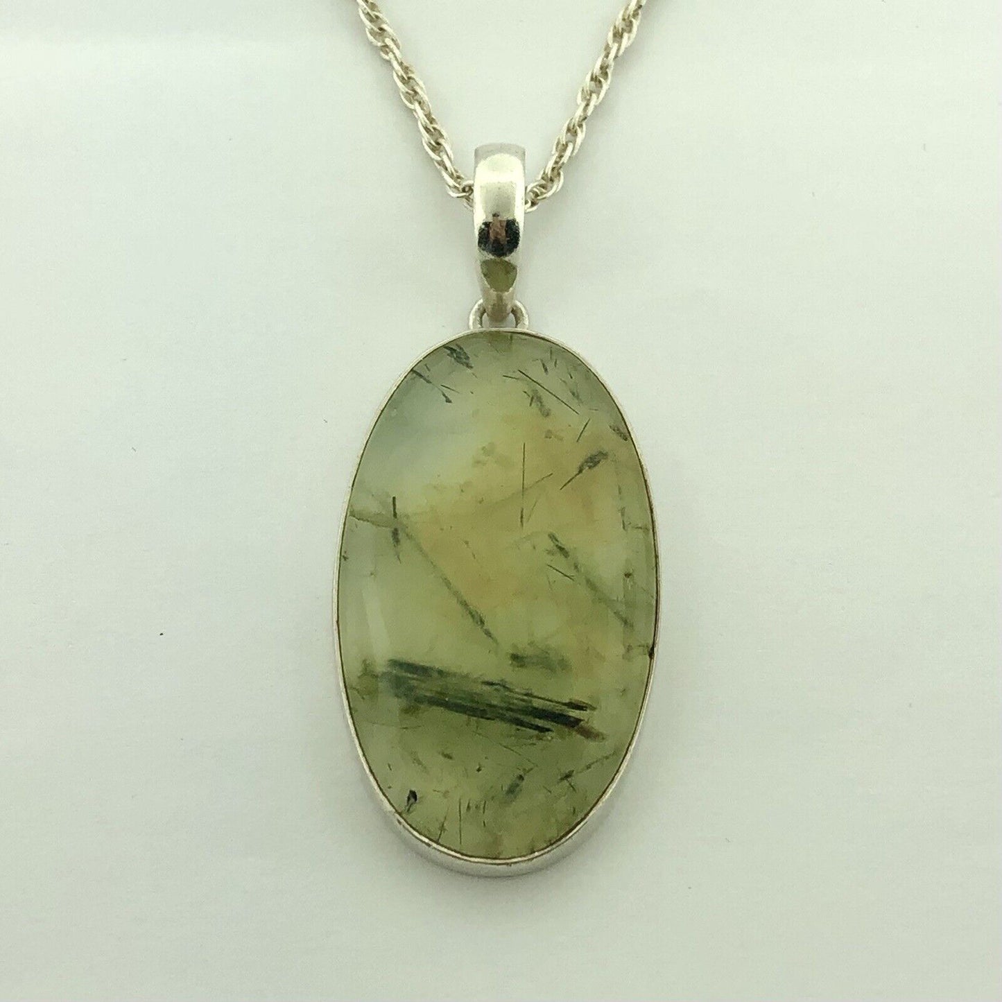 Heart Chakra 925 Sterling Silver Green Reticulated Quartz Oval Statement Pendant