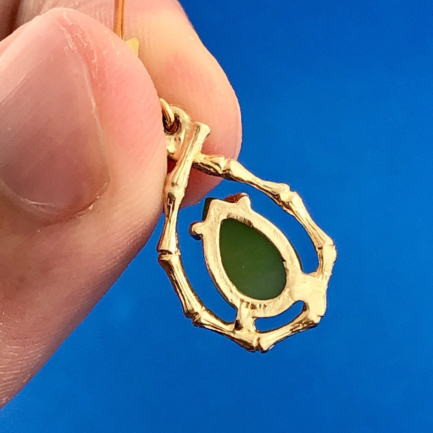 Vintage Estate 14K Yellow Gold Pear Jade Jadeite Bamboo Drop Dangle Earrings