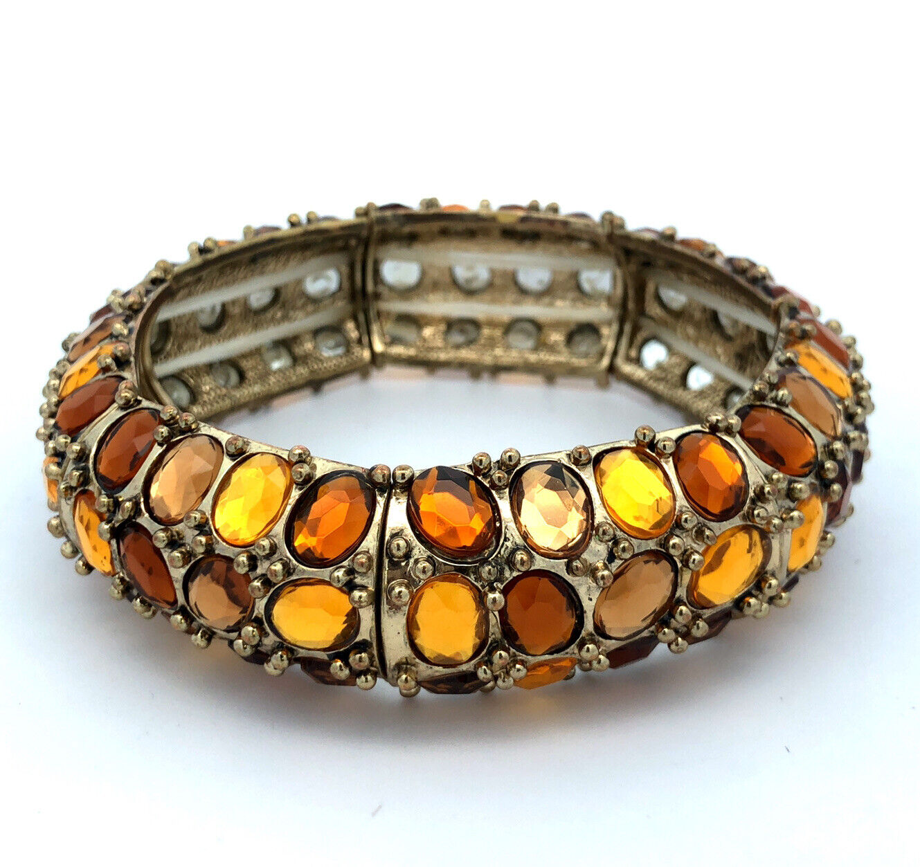 Fabulous Gold Tone Yellow Gold Amber Rhinestone Stretch Statement Cuff Bracelet