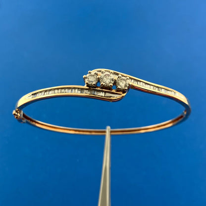 Designer 14K Yellow Gold Diamond Trio Baguette Accented Hinged Cuff Bracelet