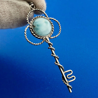 Retro 925 Sterling Silver Larimar Pectolite Skeleton Key Statement Pendant