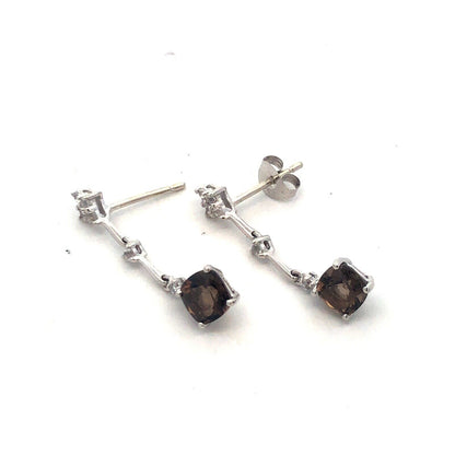 Gorgeous 14k White Gold Cushion Smoky Quartz White Accent Dangle Stud Earrings