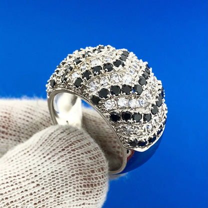 Stunning Sterling Silver 925 Black and White Cubic Zirconia Dome Ring Size 10.75