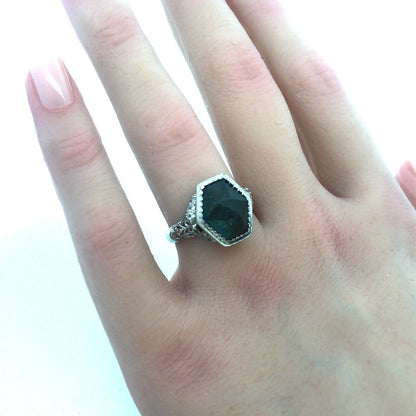 Stunning Art Deco 18K White Gold Hexagon Green Sapphire Statement Cocktail Ring