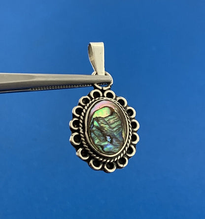 Vintage Taxco Mexico Artisan 925 Sterling Silver Abalone Doublet Oval Pendant