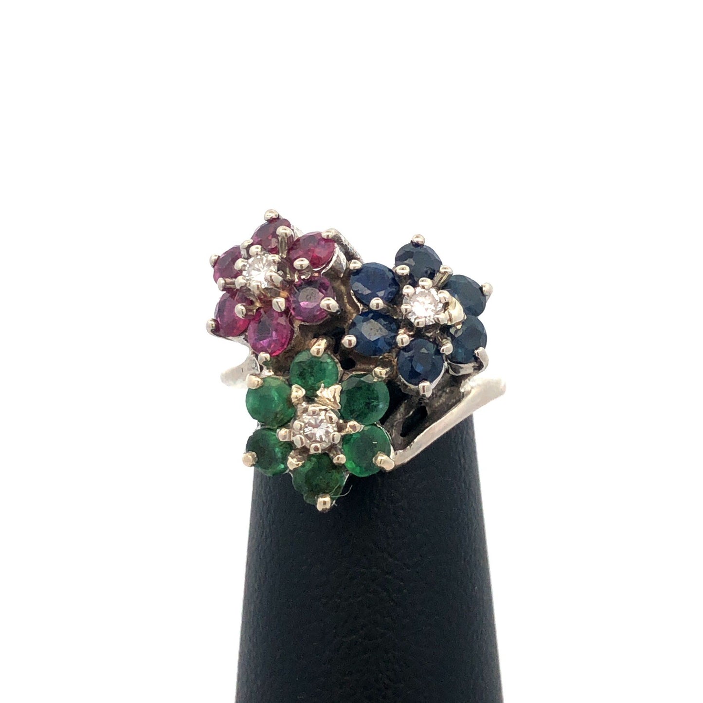 KOL 14K White Gold Round Ruby Sapphire Emerald Topaz Floral Cluster Pinky Ring