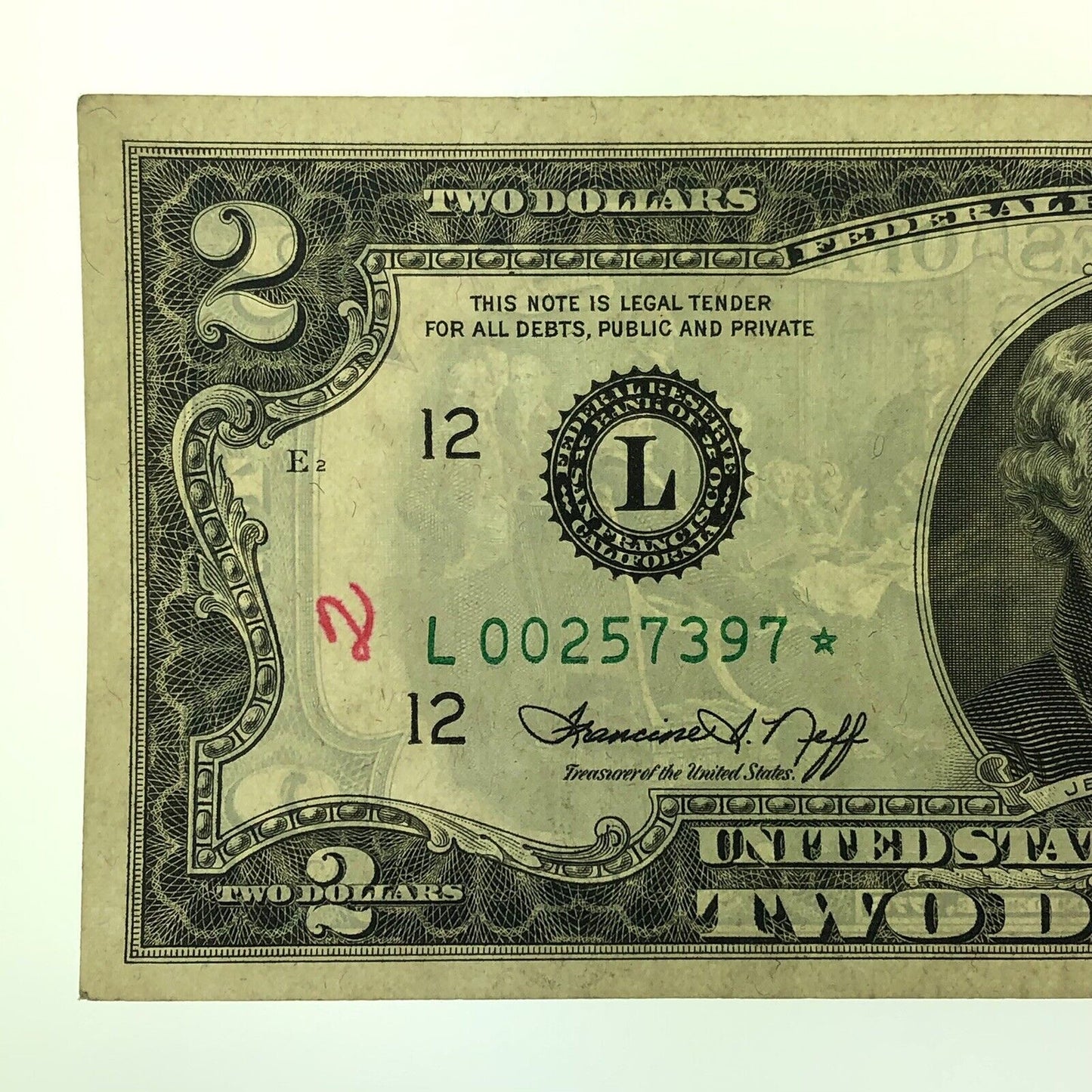 1976 Series $2 Federal Reserve San Francisco Star Note FR F-1935L* Tellers Mark
