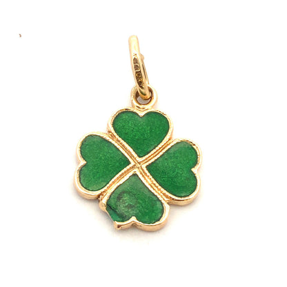 Designer 18K Yellow Gold Green Enamel 4 Leaf Clover Good Luck Charm Pendant