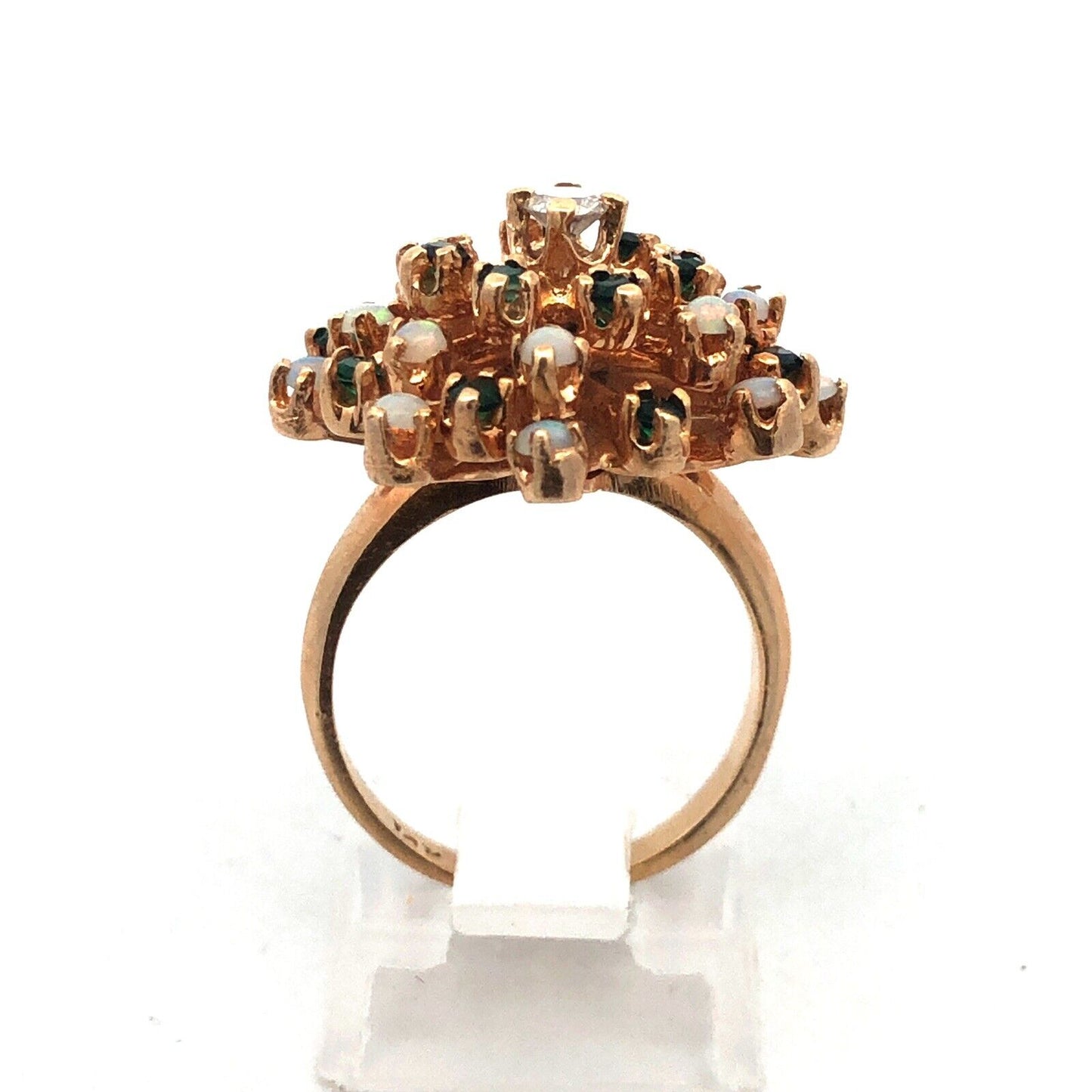 Gorgeous 14k Yellow Gold Diamond Emerald Opal Flower Cluster Ring Size 5.25