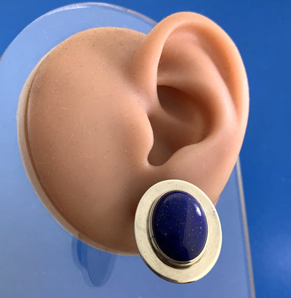 Native American 925 Sterling Silver Signed VO Oval Lapis Lazuli Stud Earrings