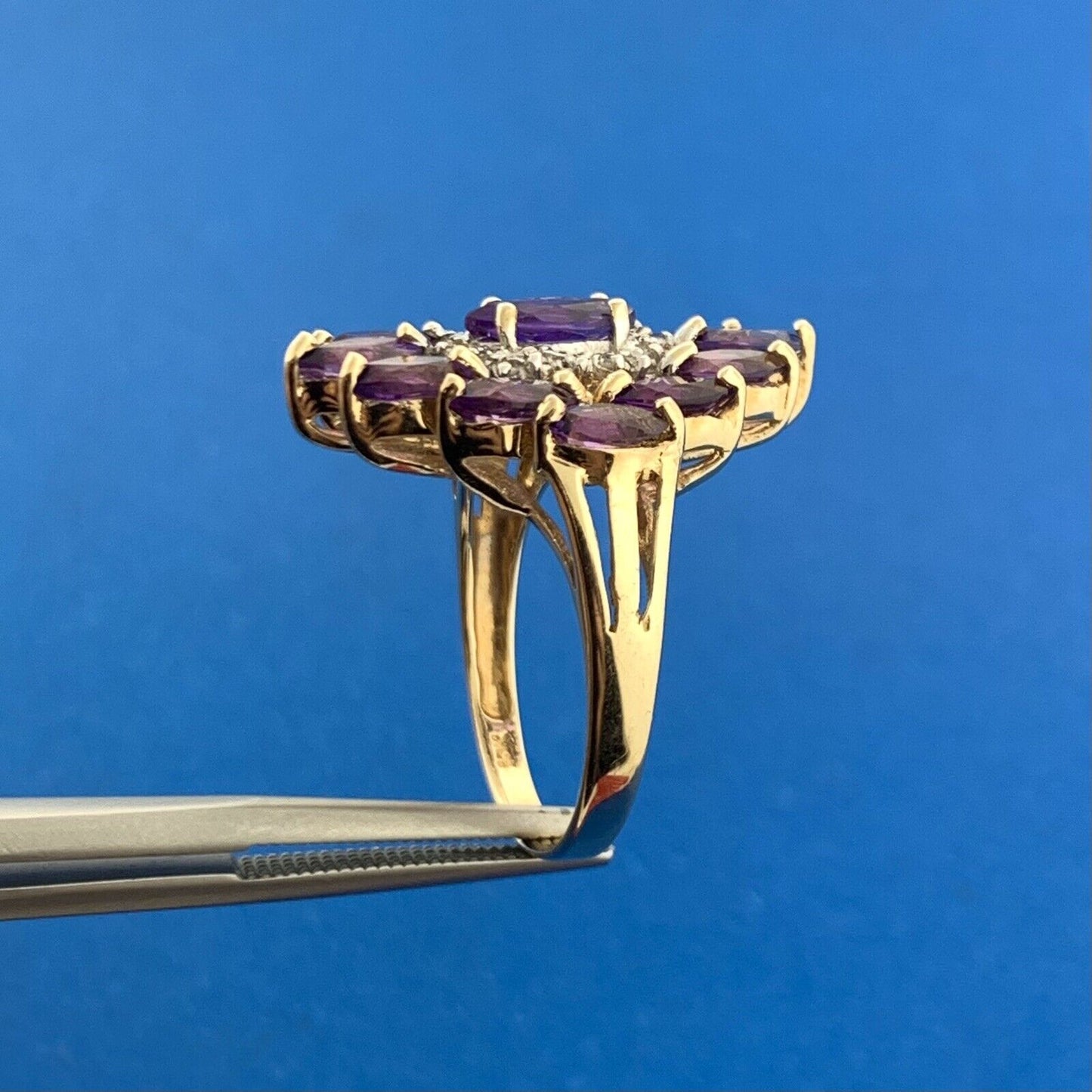 Gorgeous 10k Yellow Gold Marquise Purple Amethyst Diamond Accent Cluster Ring