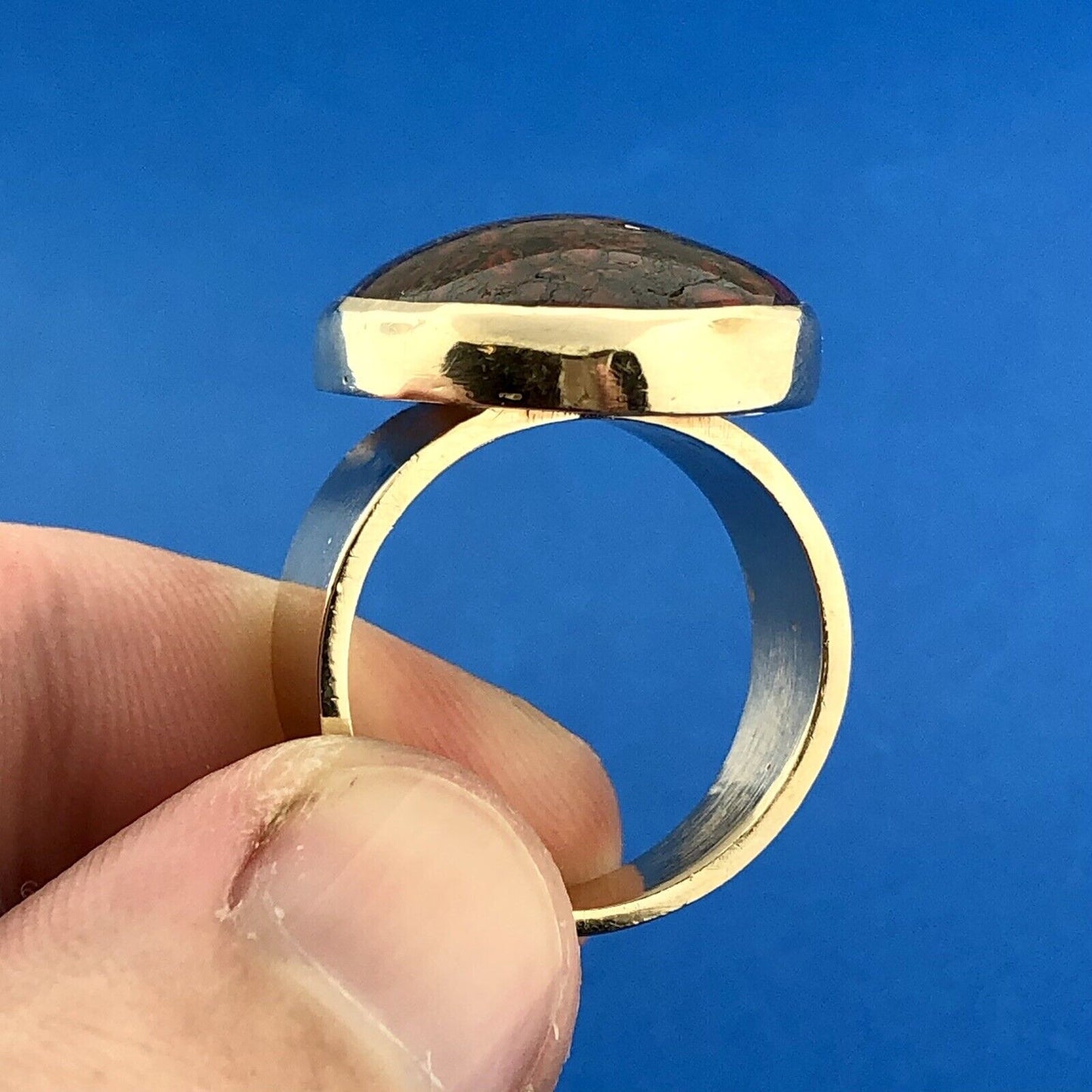 Modernist 14K Yellow Gold Oval Red And Black Gemstone Statement Cocktail Ring