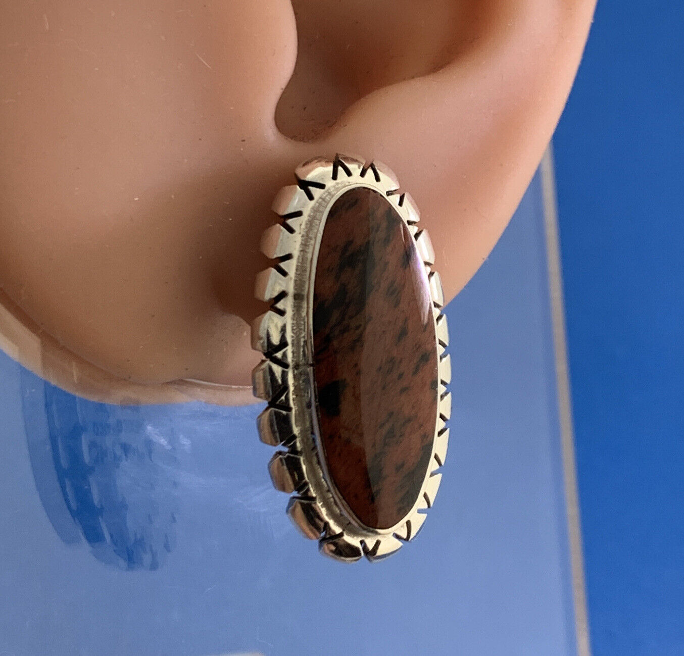 Taxco Mexico TJ-40 925 Sterling Silver Long Oval Red Jasper Stud Earrings