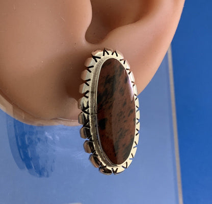 Taxco Mexico TJ-40 925 Sterling Silver Long Oval Red Jasper Stud Earrings