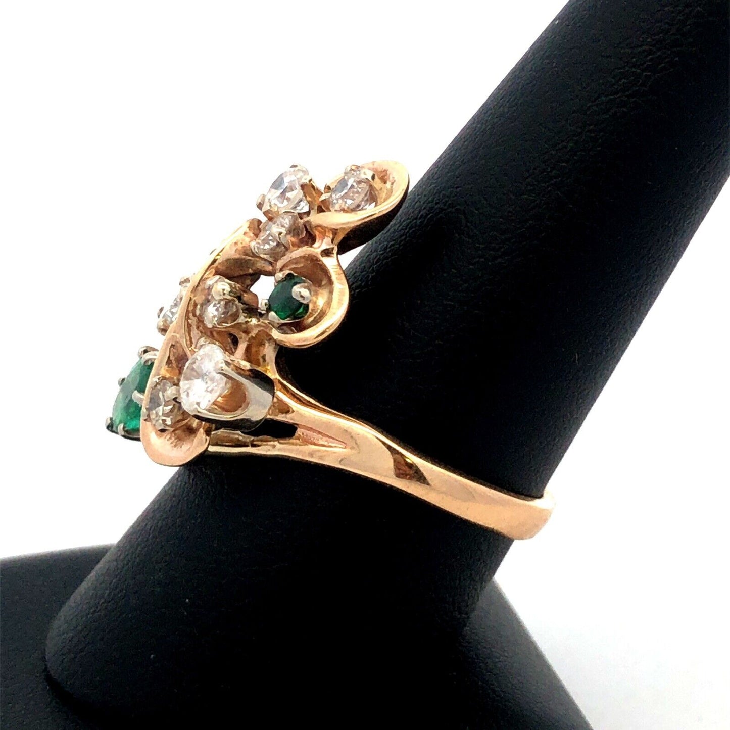 Estate 14K Yellow Gold Round Diamond Emerald Swirl Modernist Cluster Ring