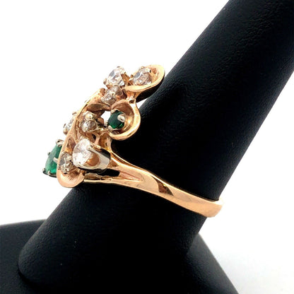 Estate 14K Yellow Gold Round Diamond Emerald Swirl Modernist Cluster Ring