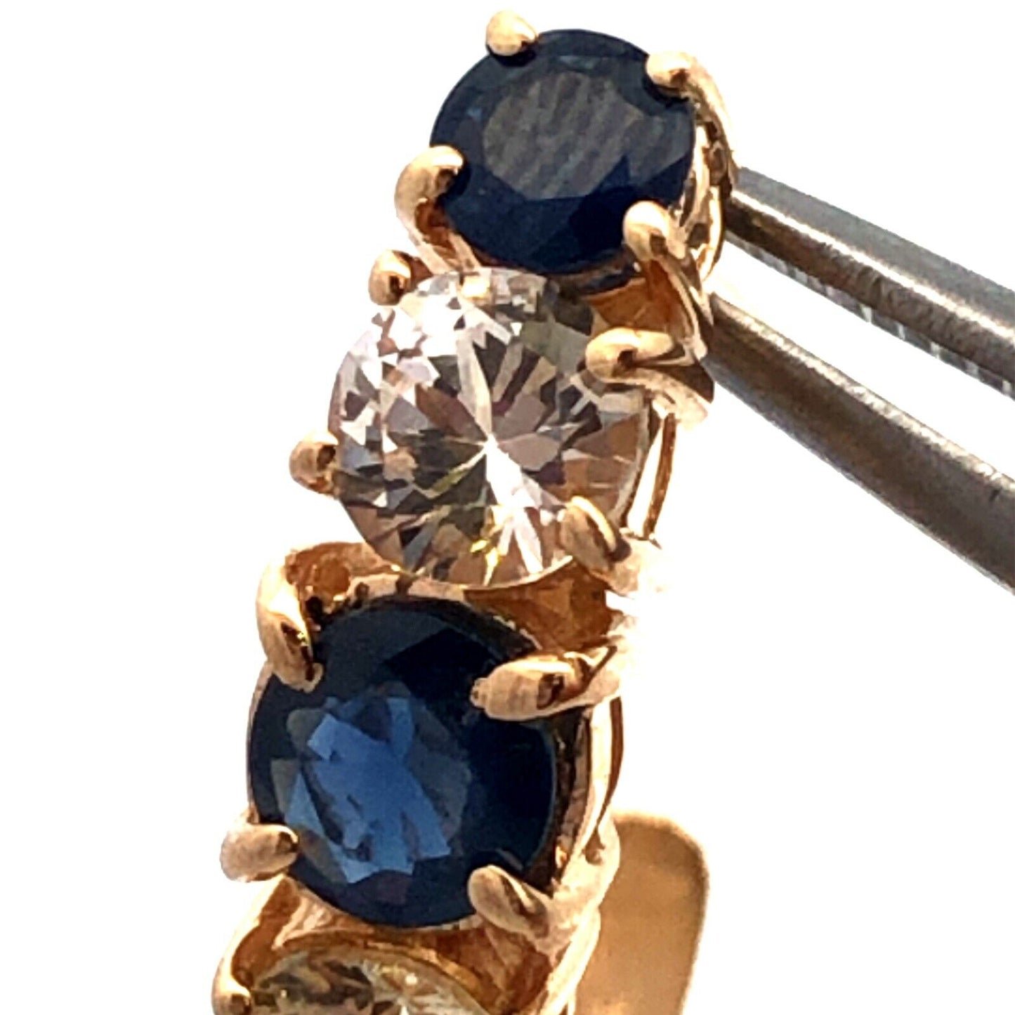 Designer 14K Yellow Gold Round Blue White Sapphire Half Hoop Drop Stud Earrings