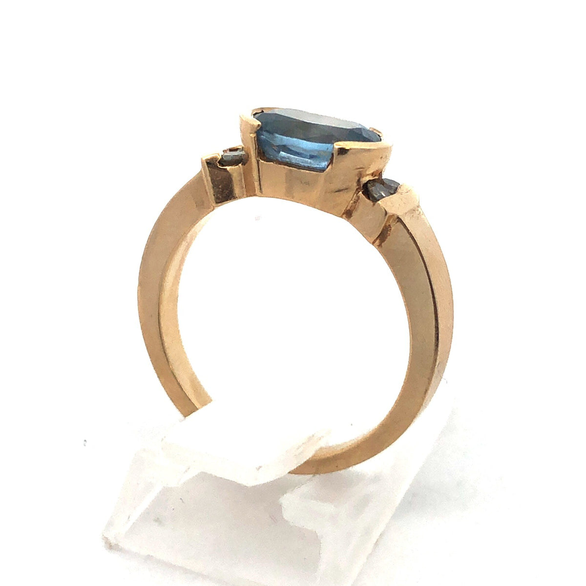 Estate Designer 14K Yellow Gold Oval Blue Topaz Diamond Accented Cocktail Ring